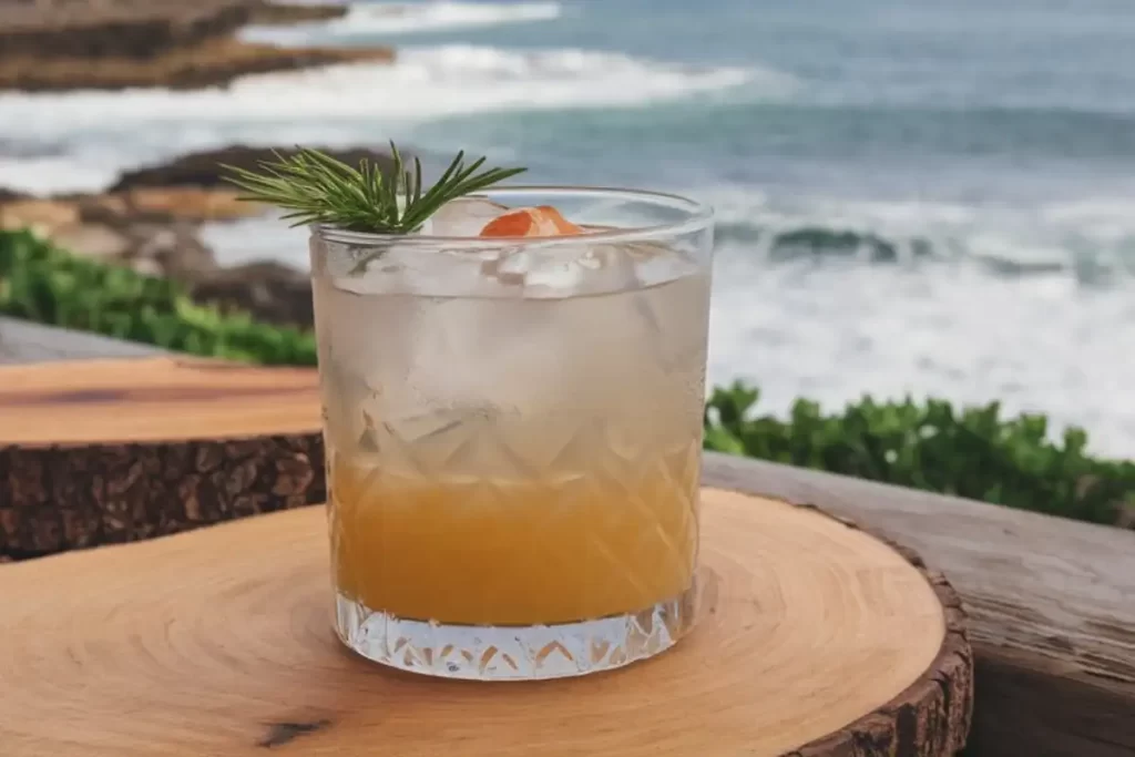 Caribou Lou cocktail in a glass with pineapple garnish