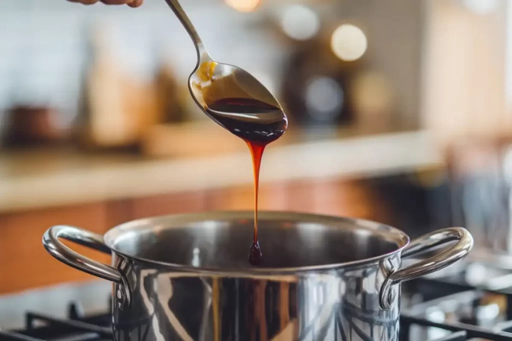 A bottle of sweet soy glaze pouring onto a spoon, showcasing its thick, glossy texture.