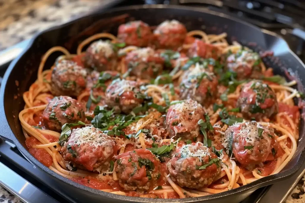 Baked Meatballs and Spaghetti served with cheese