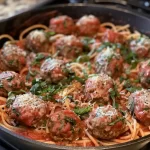 Baked Meatballs and Spaghetti served with cheese