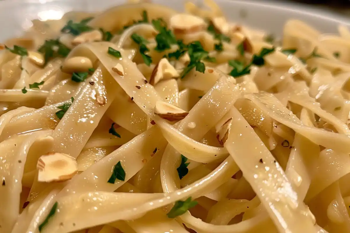 Bowl of noodles almondine topped with toasted almonds and parsley