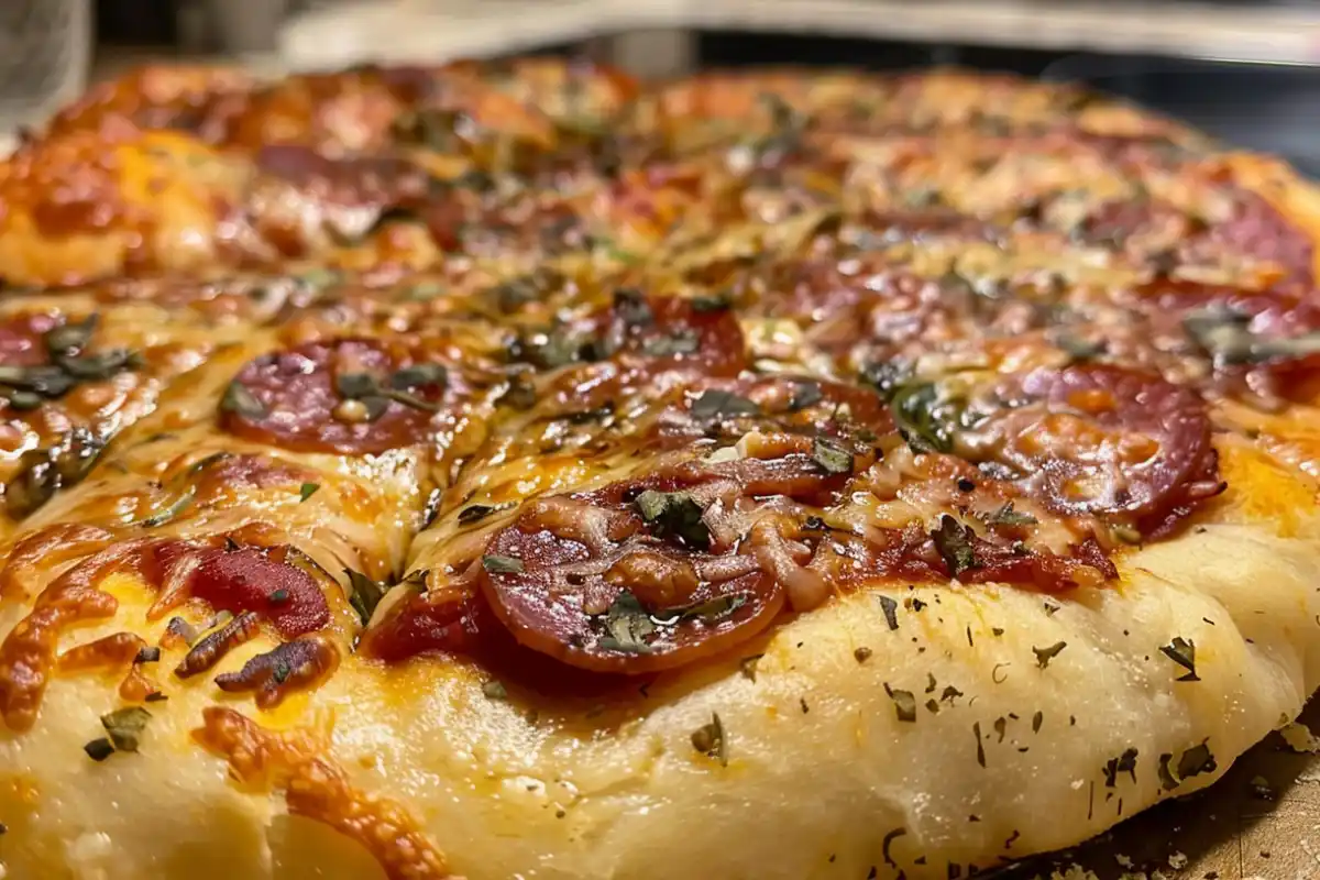 A crispy pizza cooked in an Ooni oven using store-bought dough