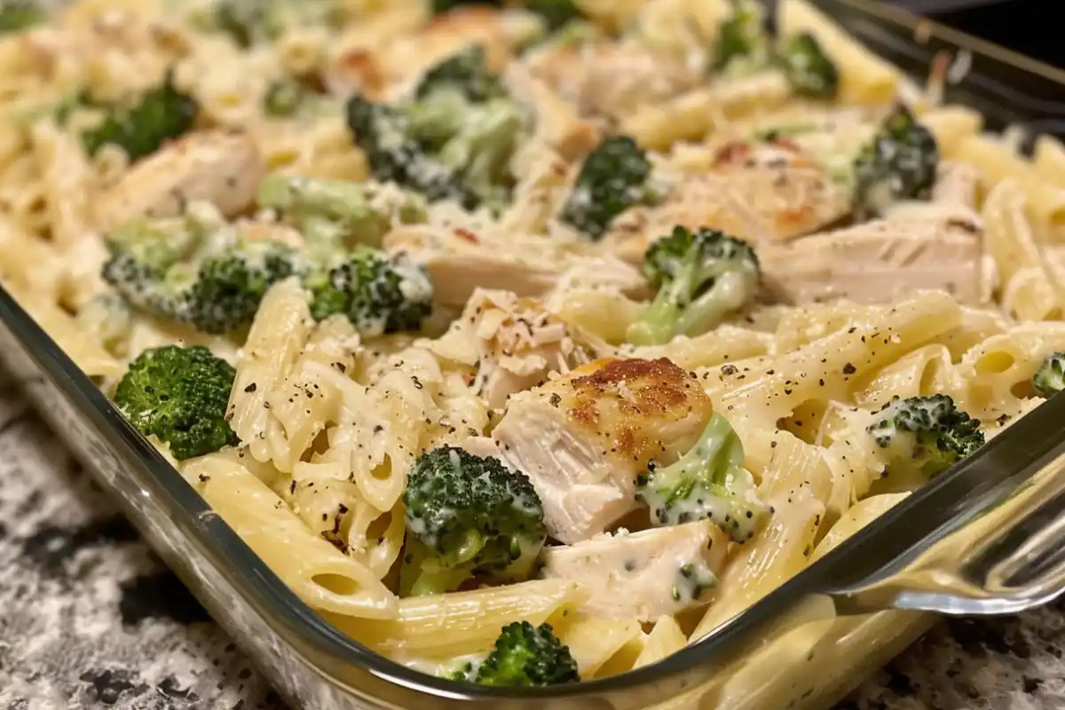 A golden, bubbly casserole dish of Chicken and Broccoli Baked Alfredo with a creamy Alfredo sauce.