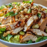 A vibrant bowl of Chinese Chicken Salad topped with crispy wonton strips and sesame seeds