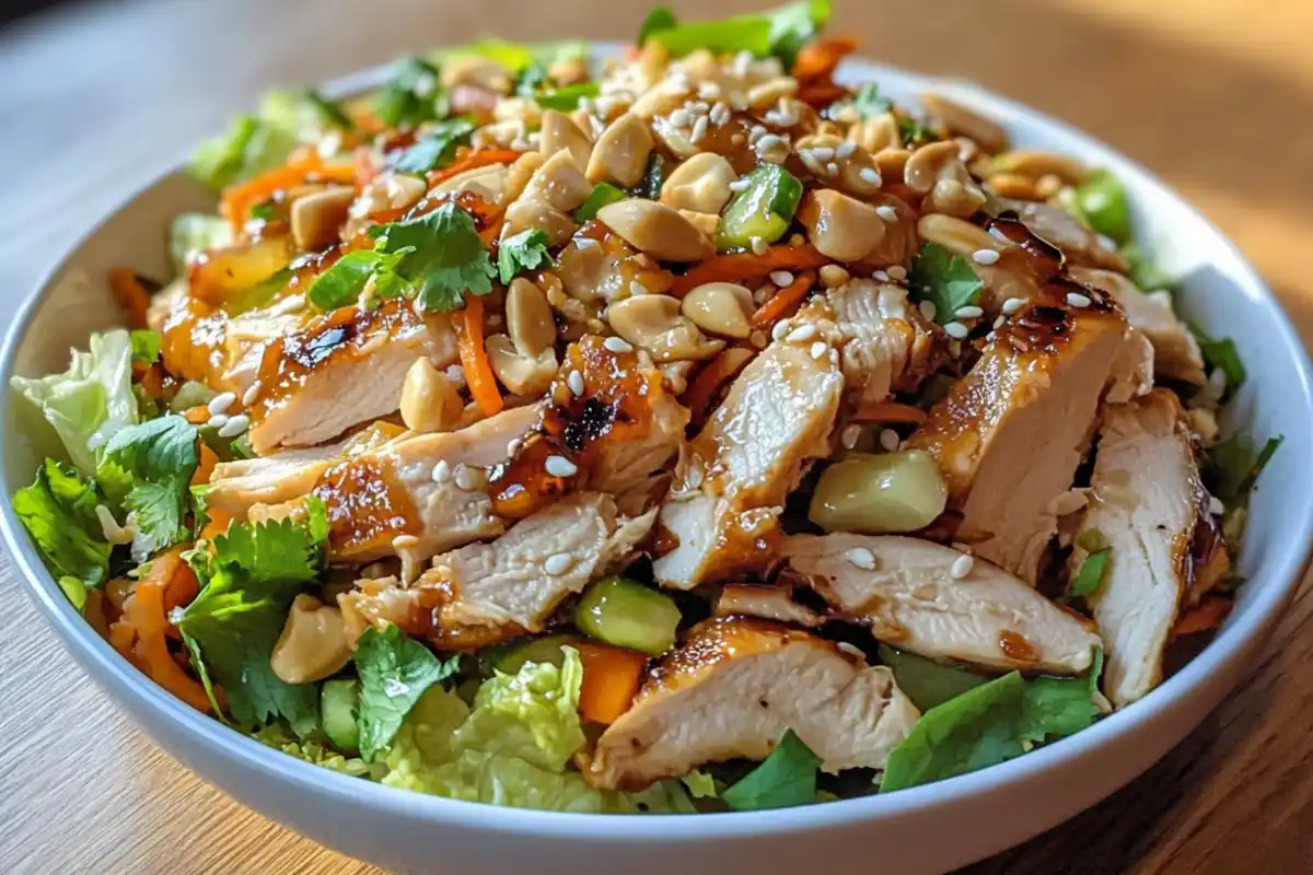 A vibrant bowl of Chinese Chicken Salad topped with crispy wonton strips and sesame seeds