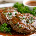 Classic Salisbury steak with rich brown gravy and sautéed onions, served with mashed potatoes