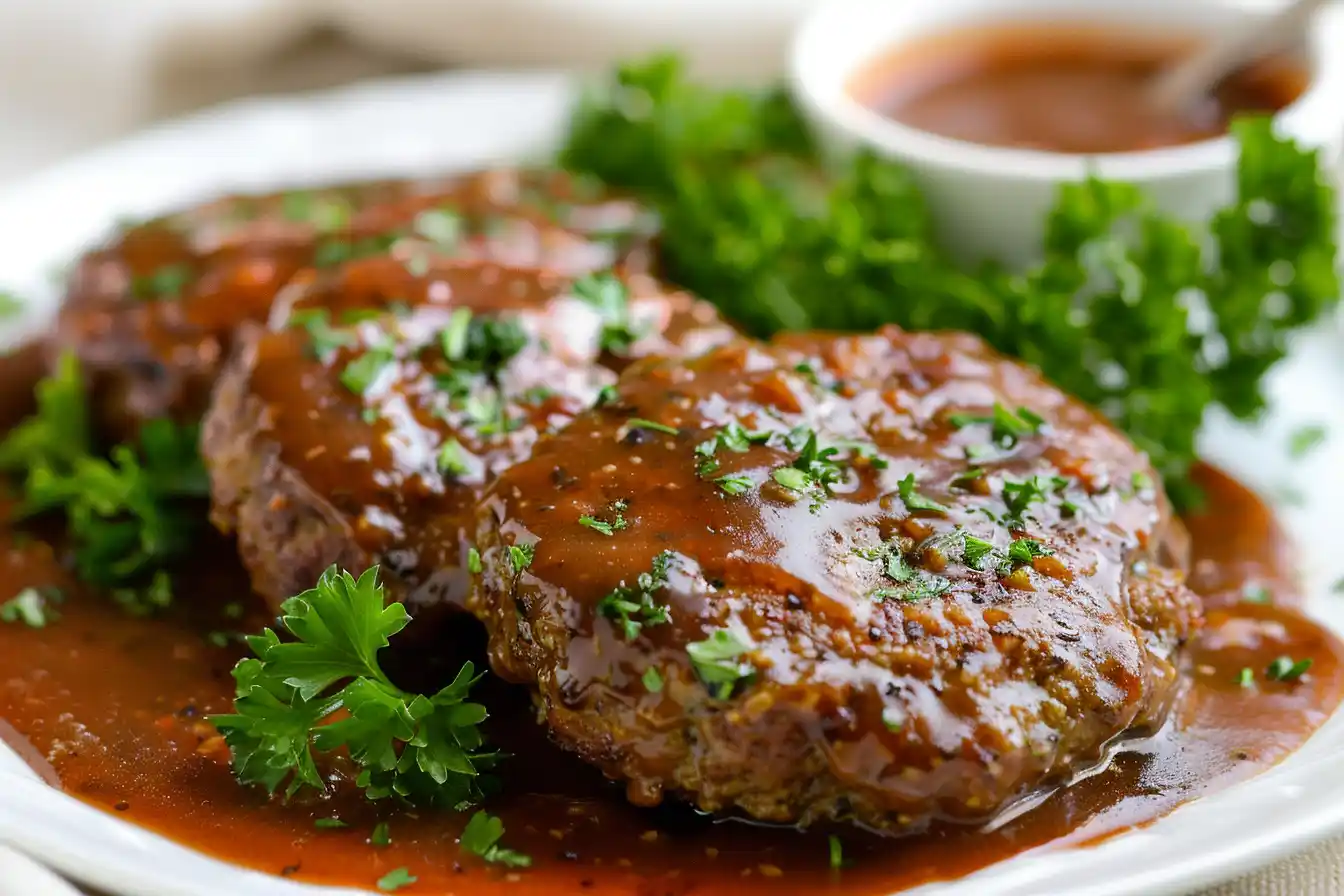 Classic Salisbury steak with rich brown gravy and sautéed onions, served with mashed potatoes