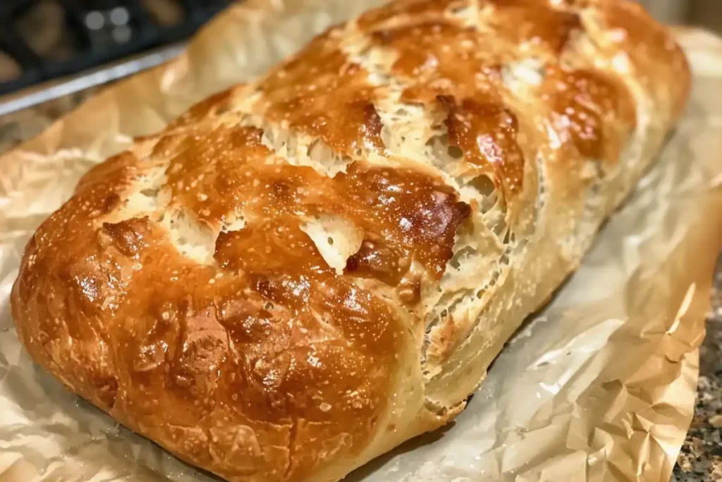 Sliced fluffy cottage cheese bread loaf on a wooden board.