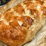 Sliced fluffy cottage cheese bread loaf on a wooden board.