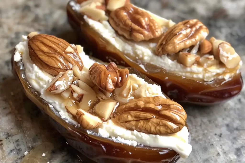 Stuffed dates filled with cheese and nuts on a serving platter.