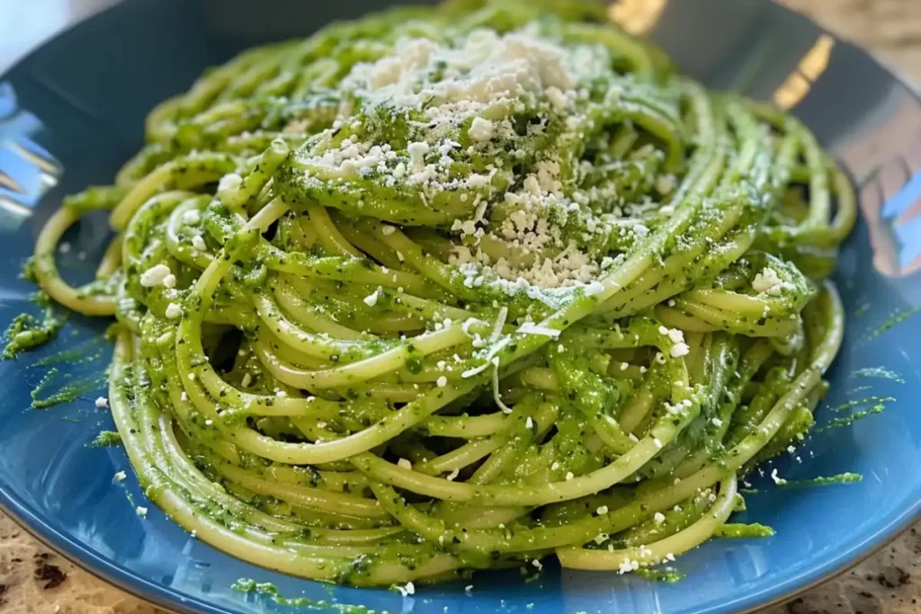 A bowl of green spaghetti topped with fresh cilantro and grated cheese.