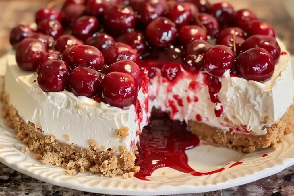 A creamy no-bake cherry cheesecake with a graham cracker crust and cherry topping.