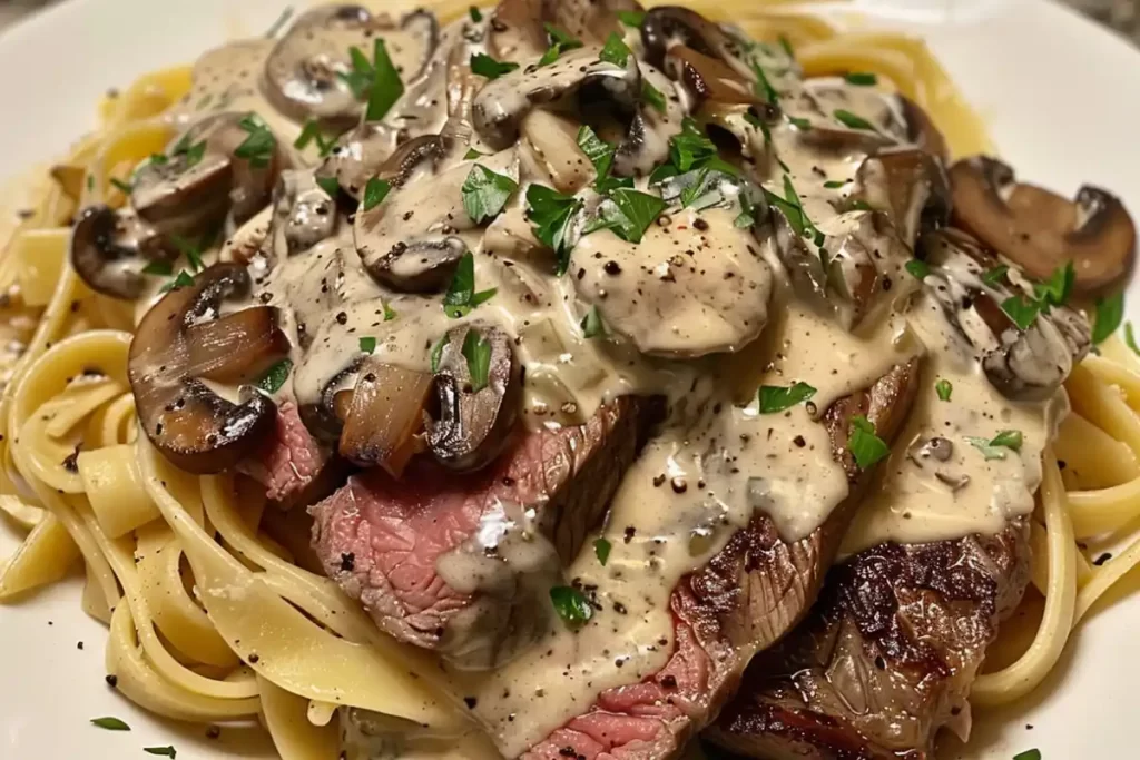 A bowl of steak pasta with creamy mushroom sauce topped with fresh parsley.