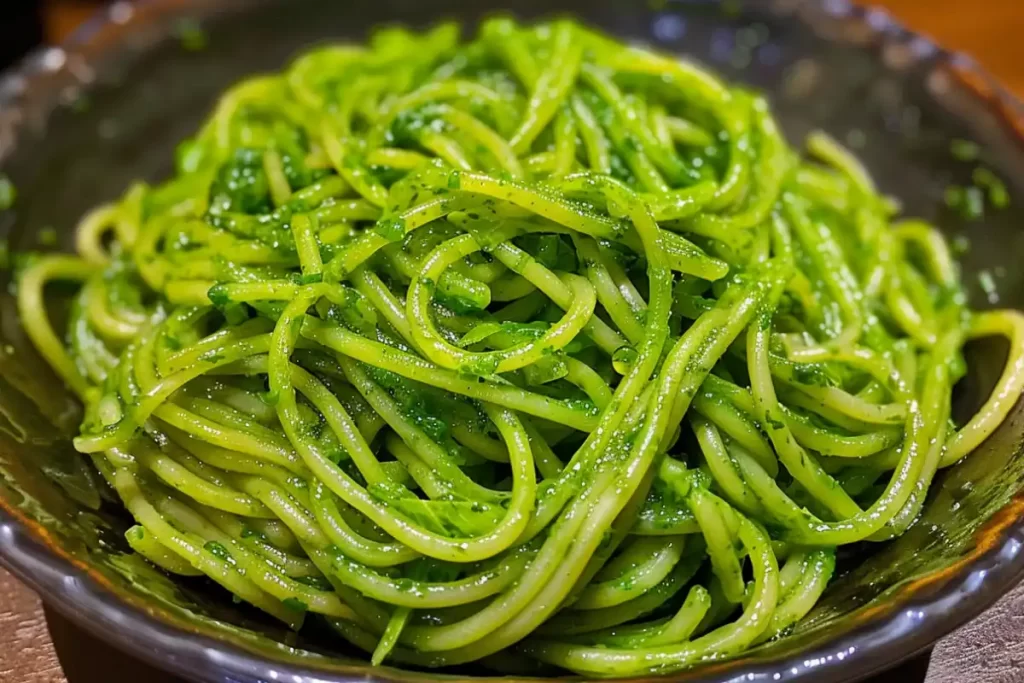 Green spaghetti paired with grilled chicken and roasted vegetables.