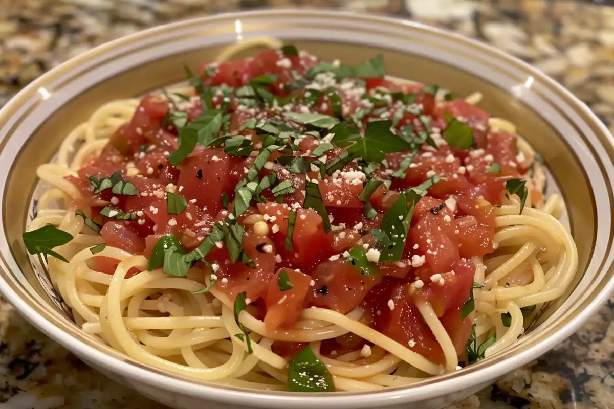 A bowl of green tomato spaghetti sauce served with pasta