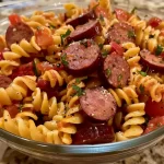 Cold pasta salad with summer sausage and vegetables