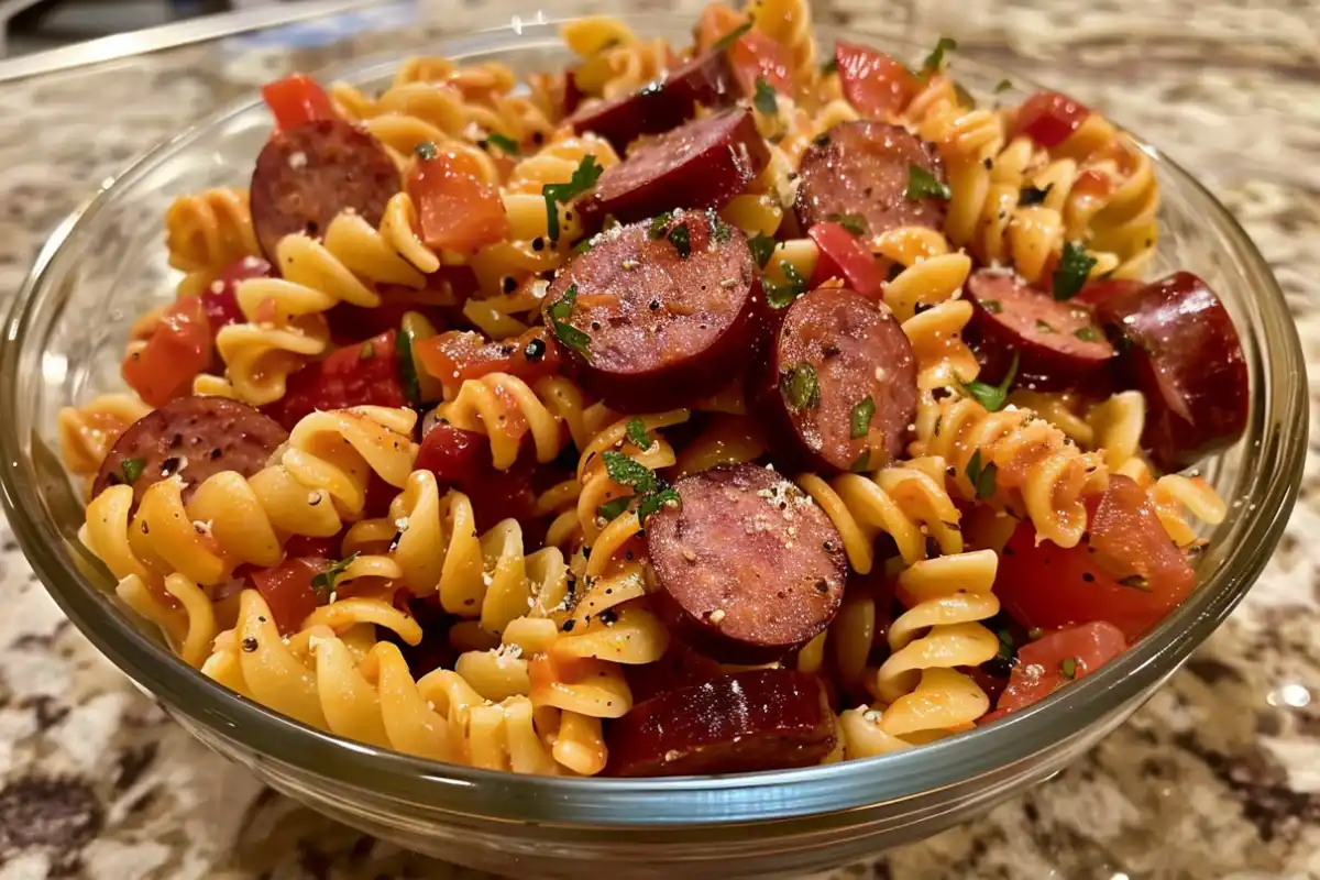 Cold pasta salad with summer sausage and vegetables