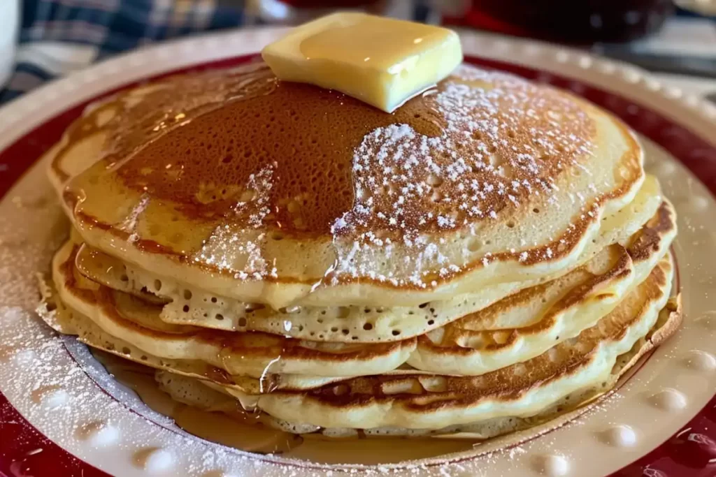 Fluffy, golden-brown pancakes stacked with butter and syrup, just like Cracker Barrel.