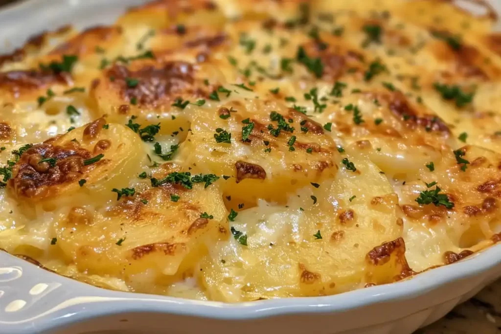 A dish of creamy, cheesy Lighthouse Inn Potatoes fresh out of the oven. Image description: A casserole dish filled with layers of creamy, baked potatoes topped with melted cheese.