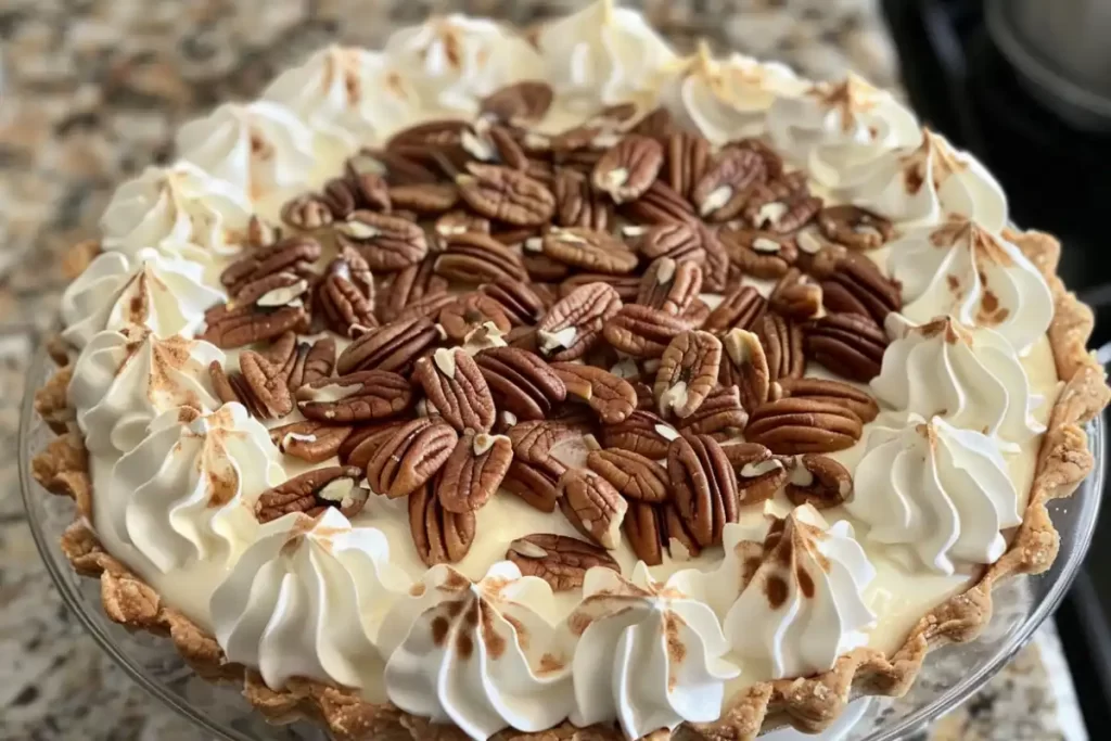 A slice of pecan cream pie on a plate topped with pecans