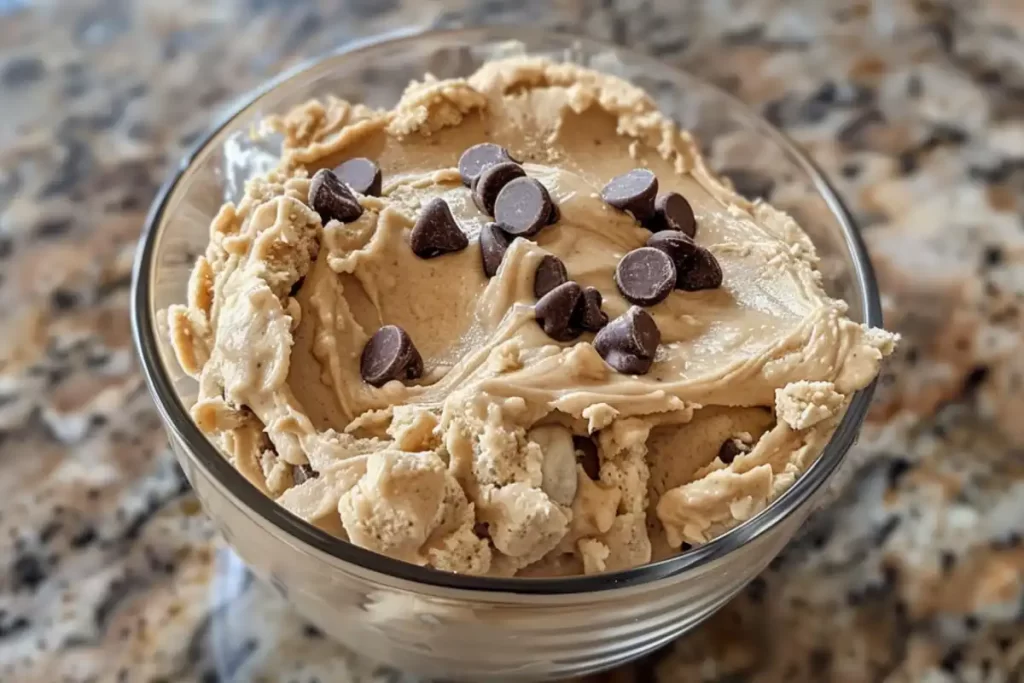 A bowl of protein cookie dough with chocolate chips