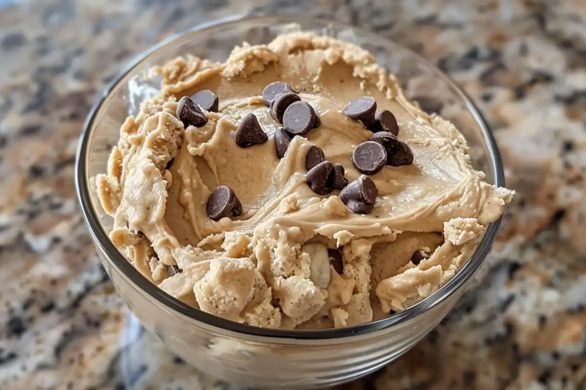 A bowl of protein cookie dough with chocolate chips