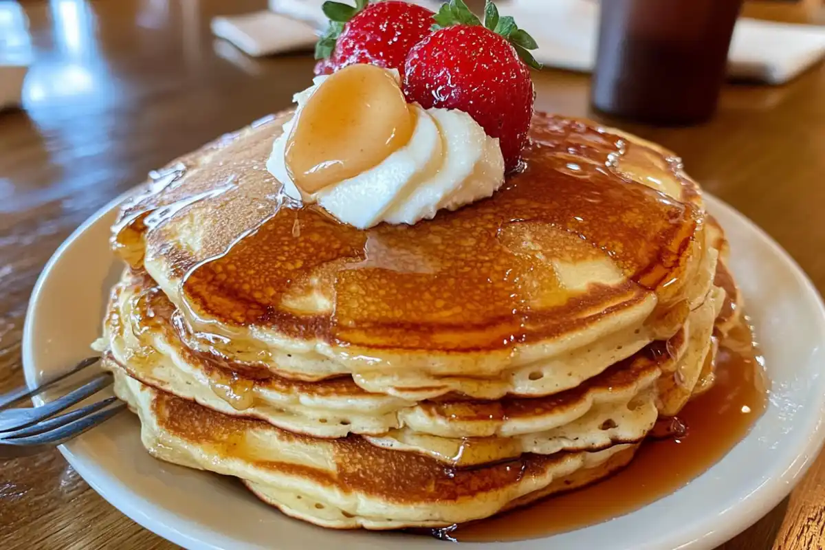 Fluffy Cracker Barrel pancakes served with butter and syrup