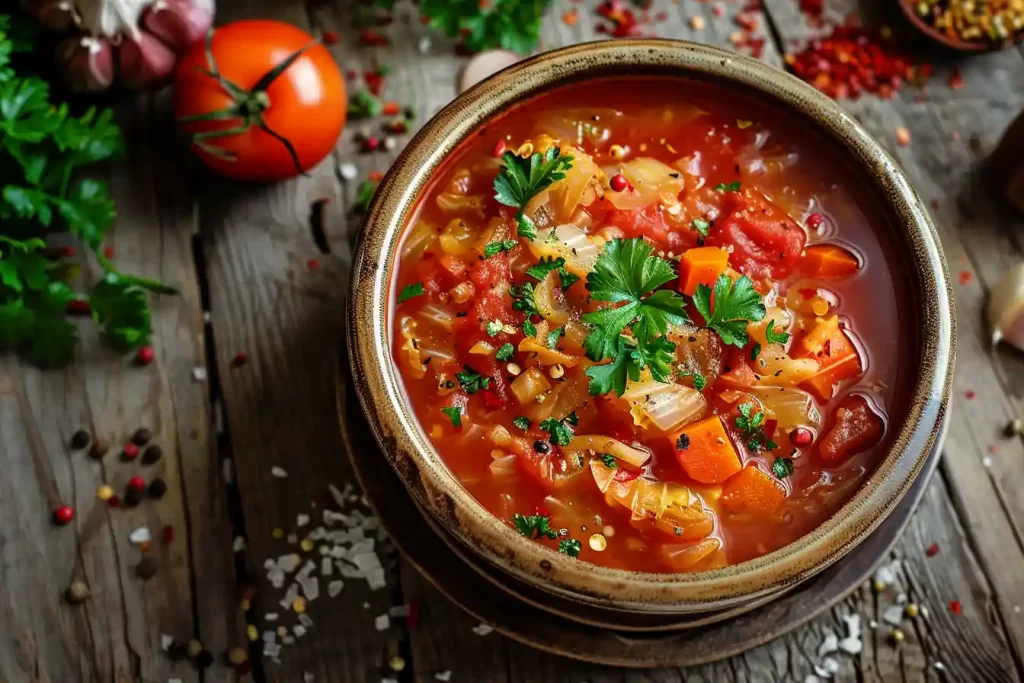 Classic cabbage soup served in a bowl, garnished with fresh herbs.