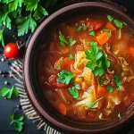 Classic cabbage soup served in a bowl, garnished with fresh herbs.