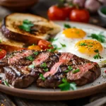 Classic Steak and Eggs Breakfast with side dishes