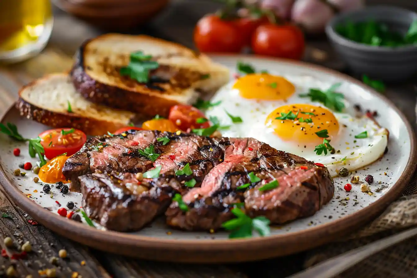 Classic Steak and Eggs Breakfast with side dishes