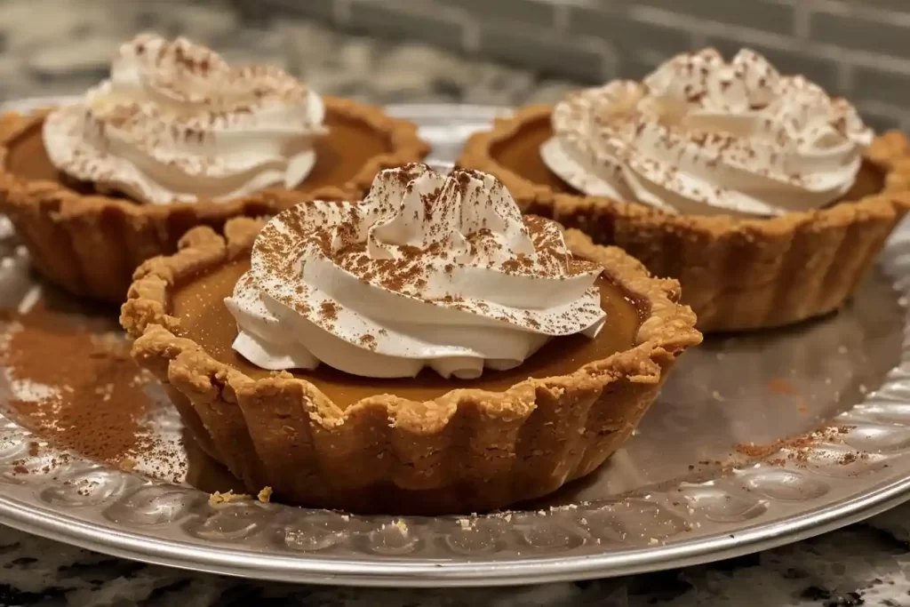 Finished Pumpkin Tarts with Toppings: Finished pumpkin tarts topped with whipped cream and cinnamon.