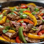 Steak fajitas with colorful bell peppers and onions on a skillet