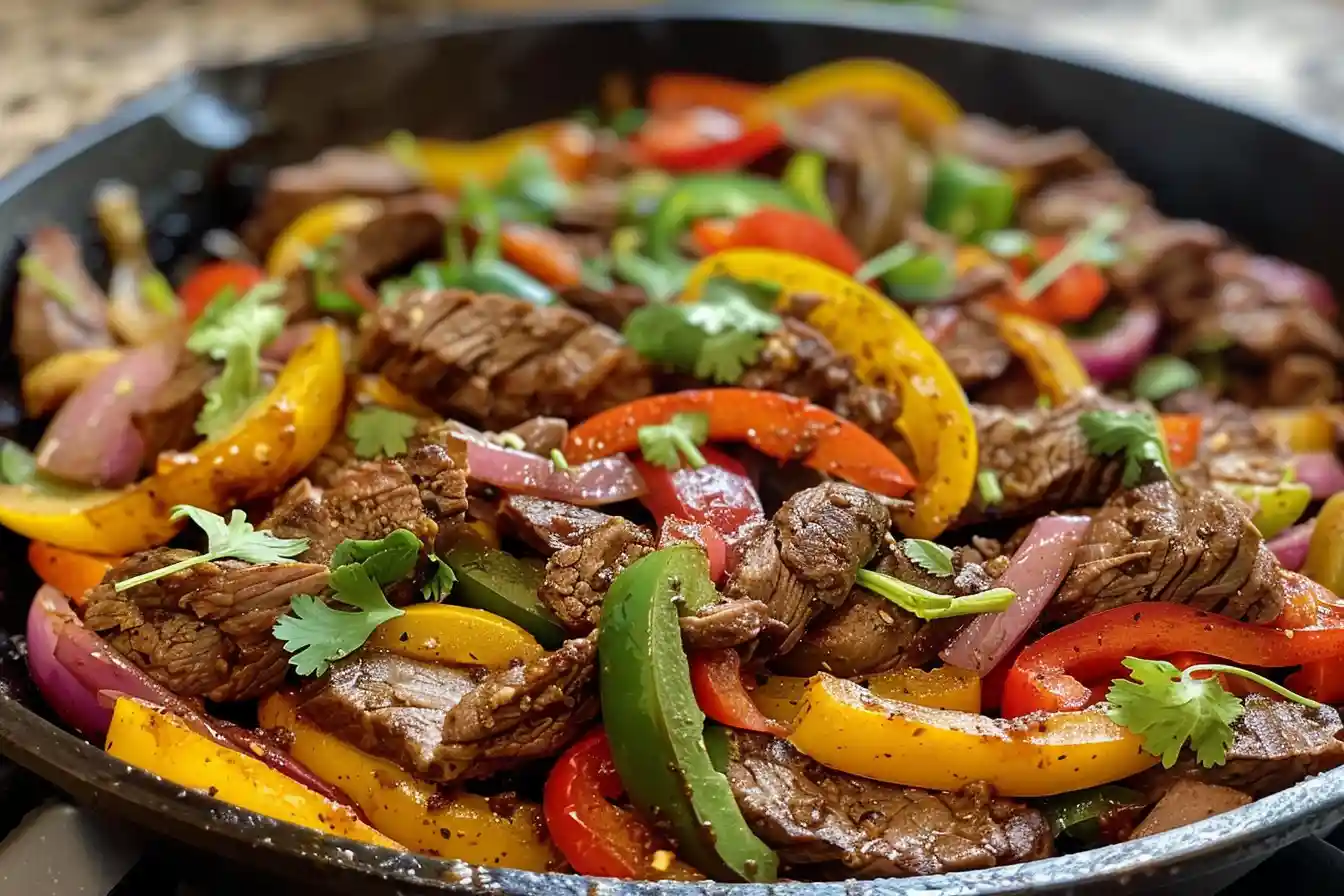 Steak fajitas with colorful bell peppers and onions on a skillet