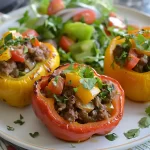 Plated stuffed bell peppers with fresh herbs, ready to serve