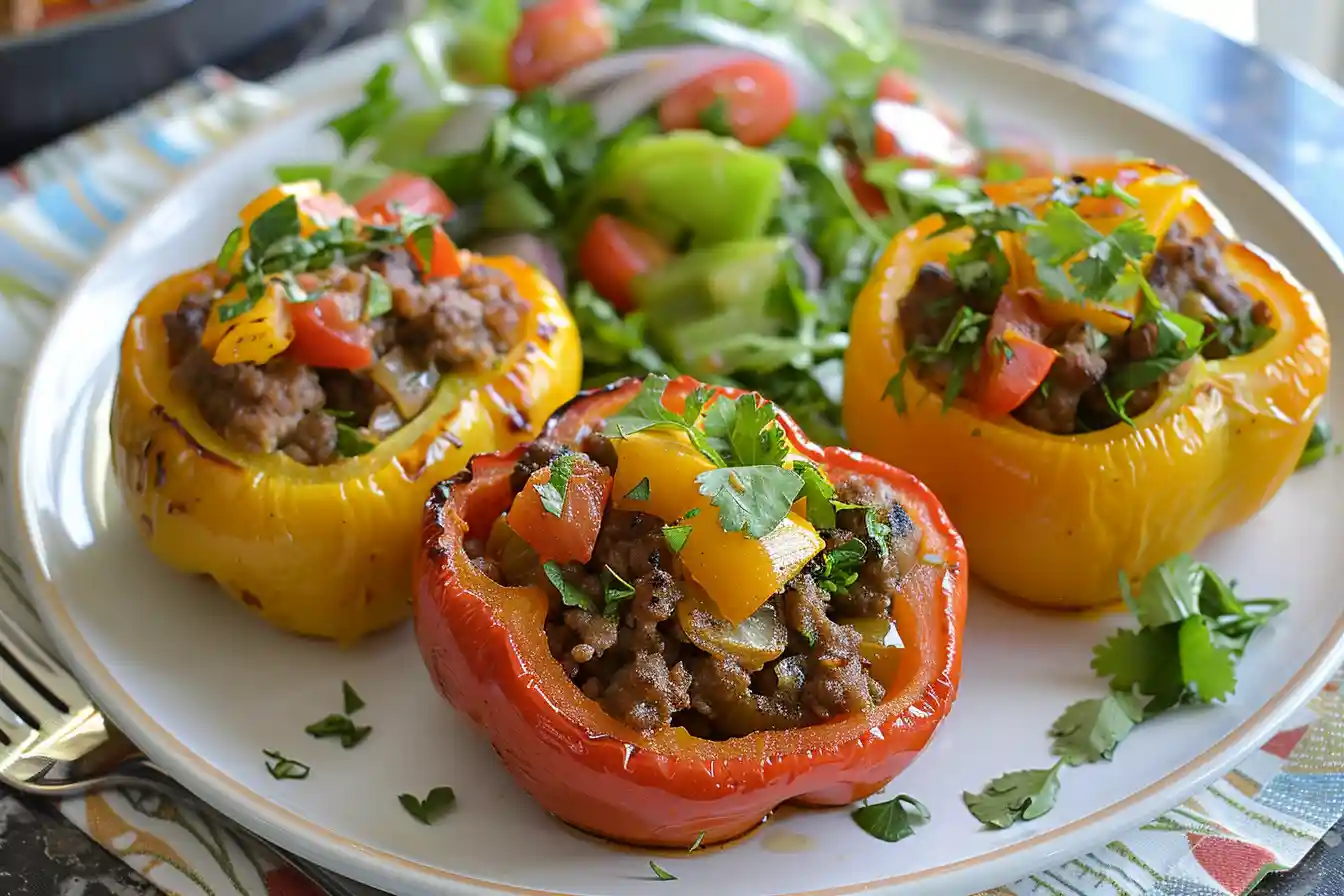 Plated stuffed bell peppers with fresh herbs, ready to serve