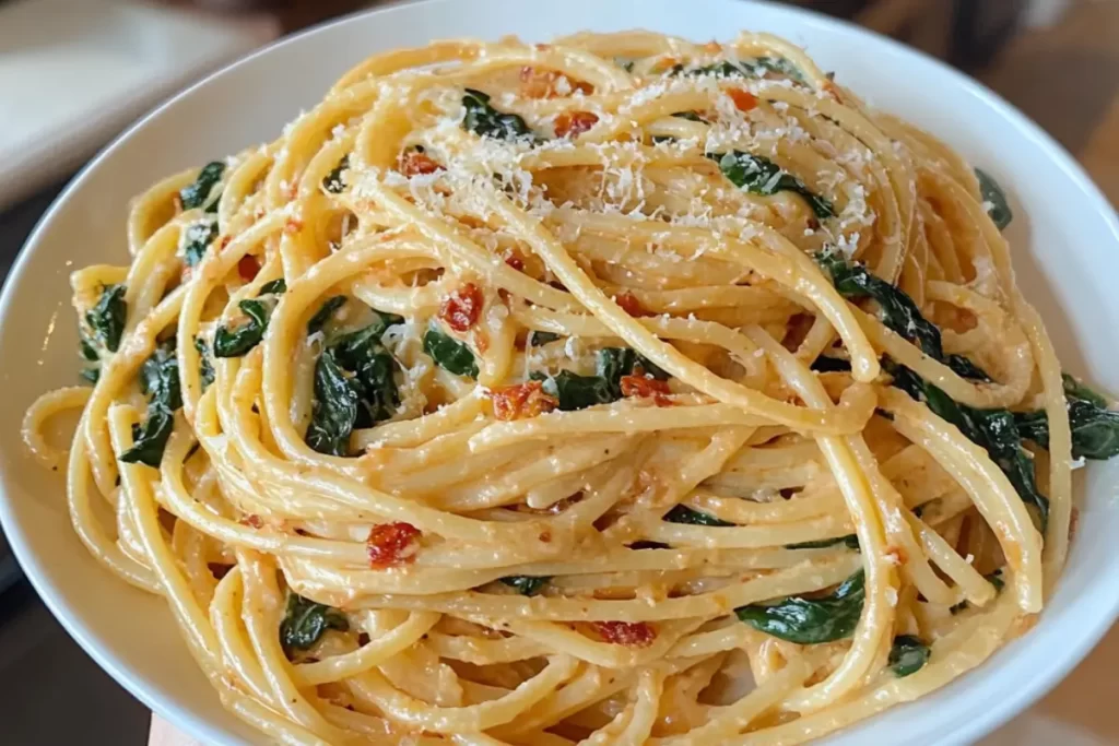 Spaghetti & Spinach with Sun-Dried Tomato Cream Sauce