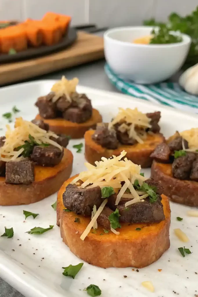 Cheesy Garlic Steak and Sweet Potato Bites Recipe