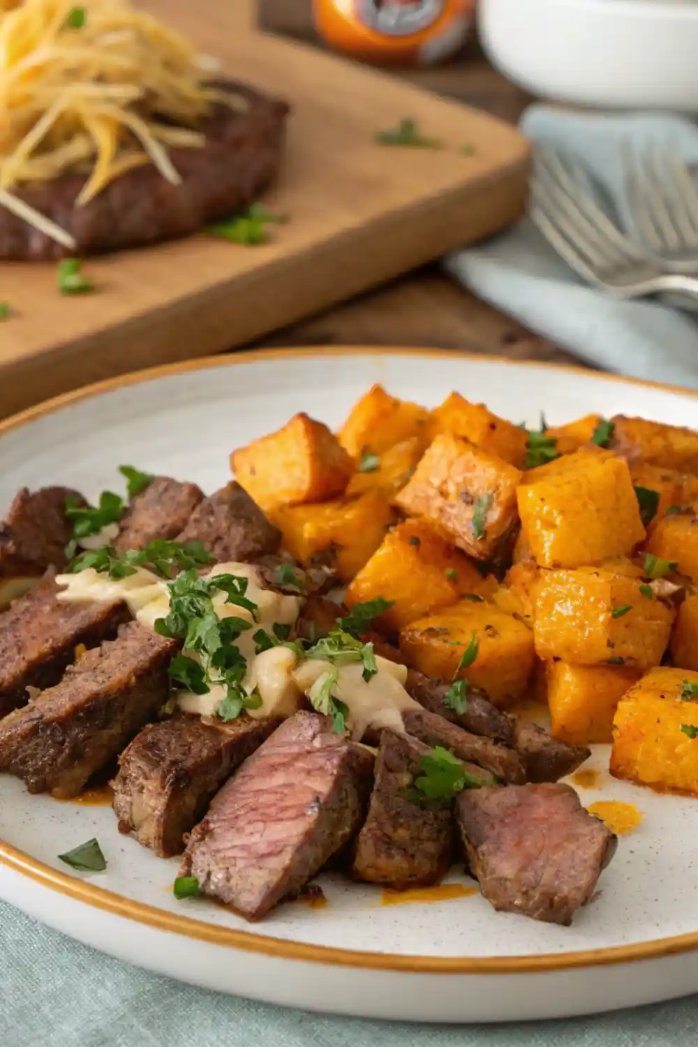 Cheesy Garlic Steak and Sweet Potato Bites Recipe